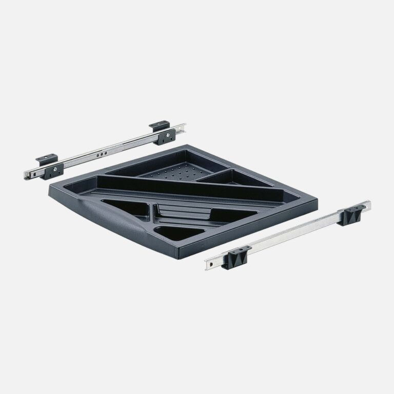 One black plastic drawer with metal parts